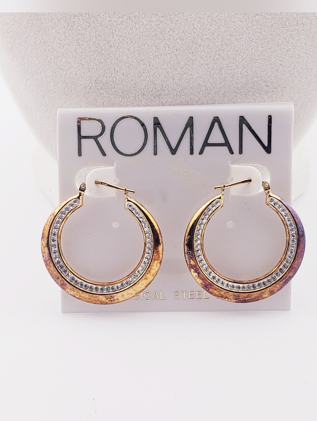 Nwt Roman Surgical Steel Twotone Gold And Silver Crystal Hoop Earrings